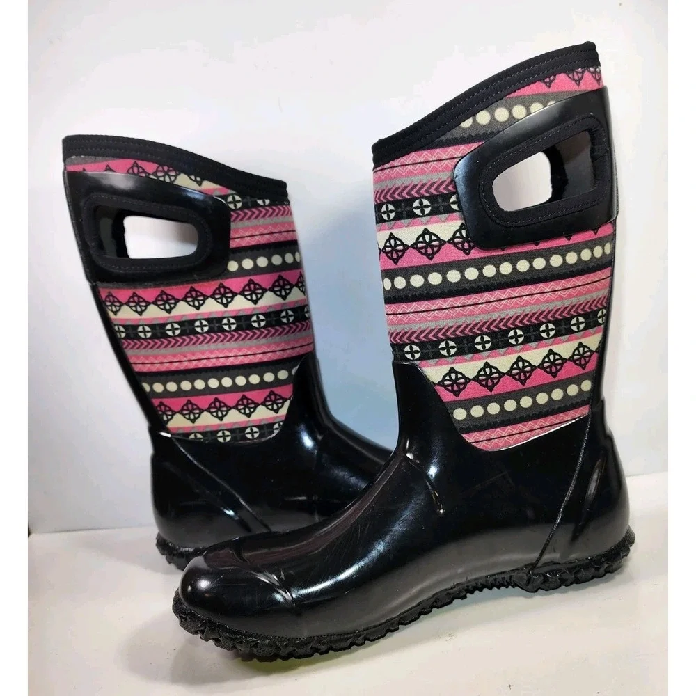 BOGS Classic Boots Pink Patternstripe Youth 5 Snow Rain Insulated Waterproof EUC